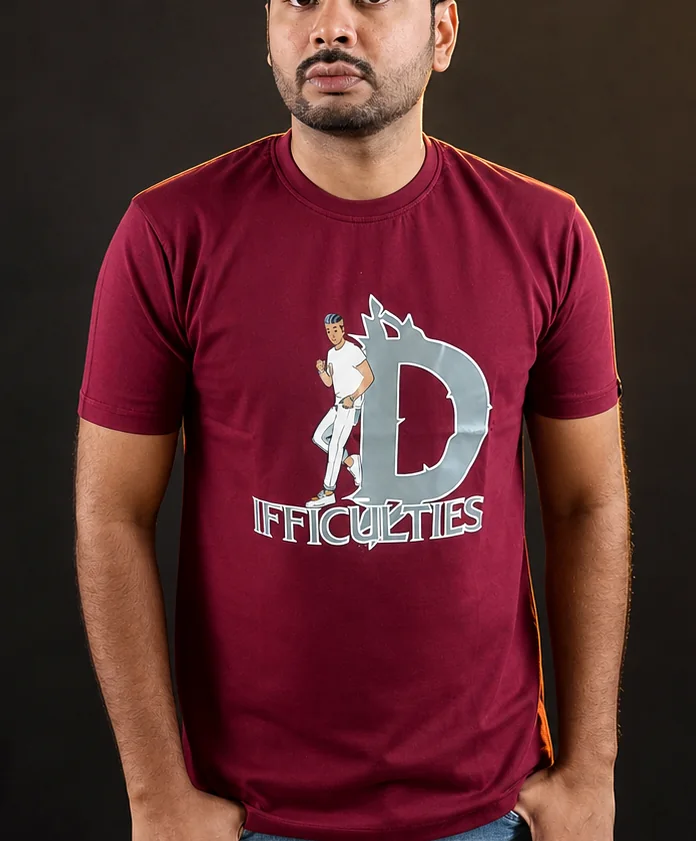 Detail of the artwork on the maroon Difficulties T-shirt