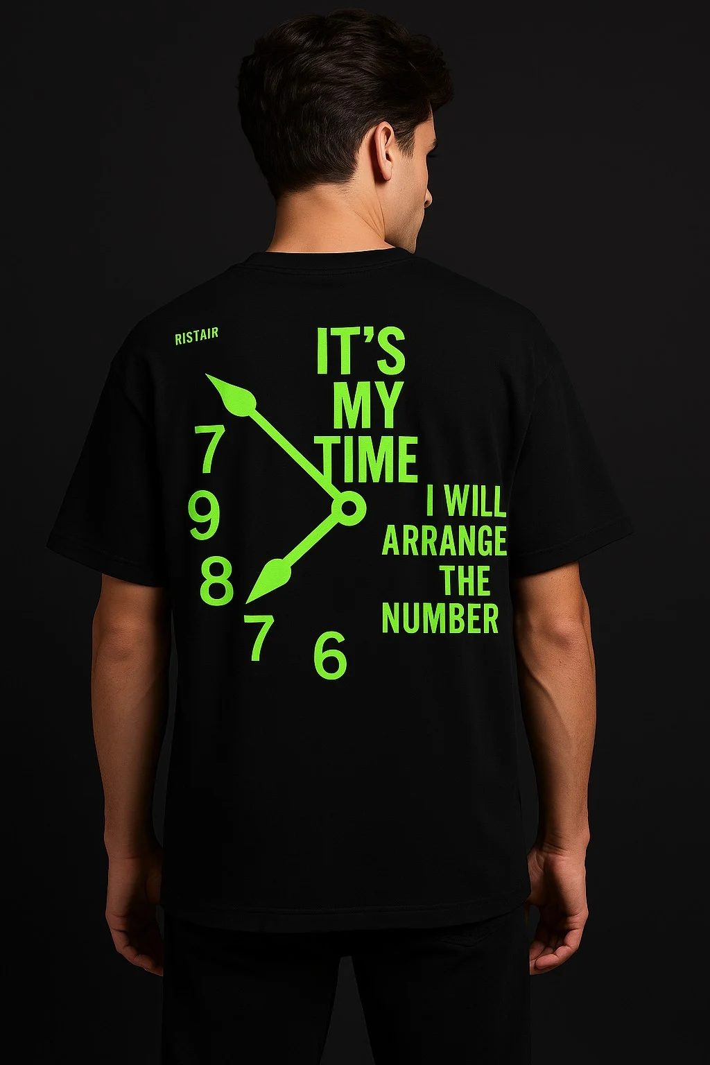 My Time tee featuring a green clock statement on the back